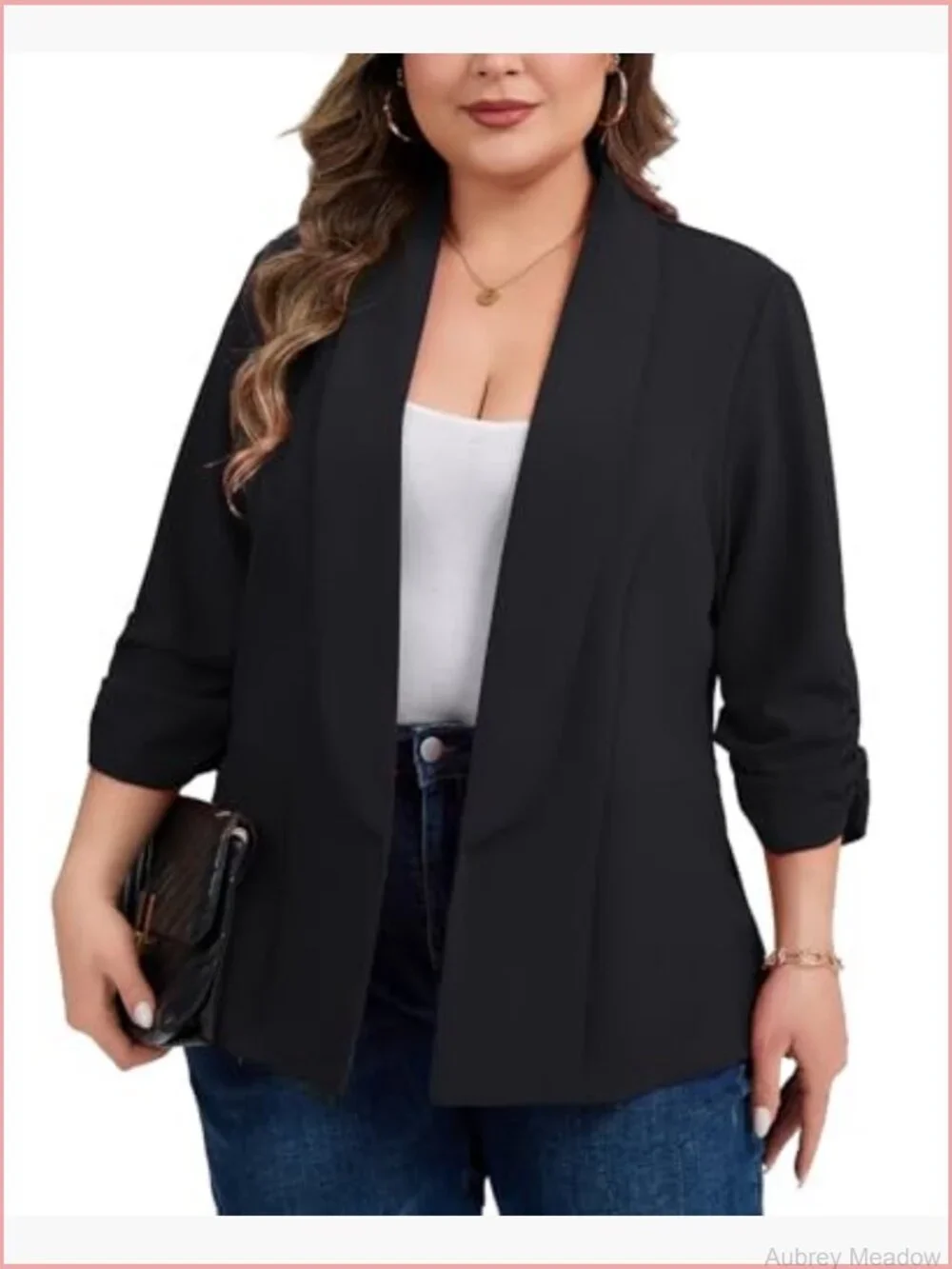 Plus Size Ruched 3/4 Sleeve Blazer Open Front Shawl Collar Suit Jacket